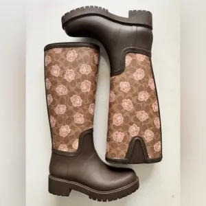 Coach Signature Brown and Floral Print Rain Boots US size 7, excellent condition