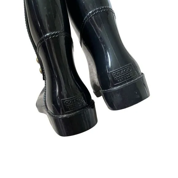 Coach Tasha Black Shiny Finish Rubber Boots Size 6 Rare