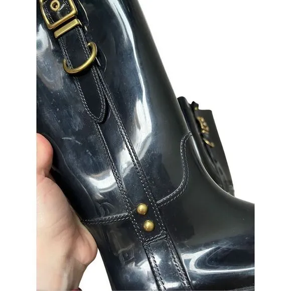 Coach Tasha Black Shiny Finish Rubber Boots Size 6 Rare
