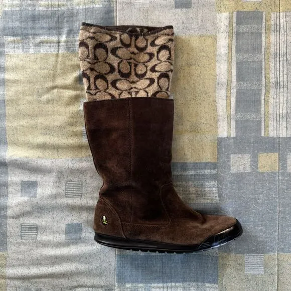 Coach Tatum Brown Genuine Suede Signature Wool Logo Cuff Women Boots Sz 6M