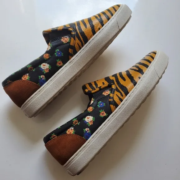 Coach Tiger Print Shoes Sneakers Leather Orange Black Women Size 9 Spring Summer