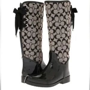 COACH TRISTEE BLACK WHITE LOGO CANVAS LACE UP CORSET RAIN BOOTS 8