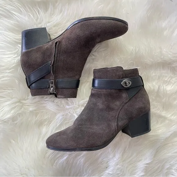 Coach | Women’s Patricia Ankle Boots Booties Shoes Chocolate Brown Suede Buckle