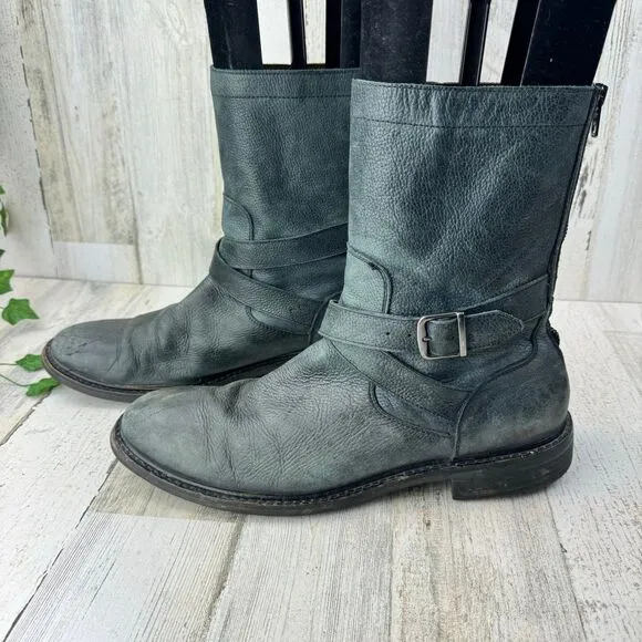 Cole Haan 11.5M gray  Leather 'Marshall' Mid Calf Biker Boots Zip Rubber Strap