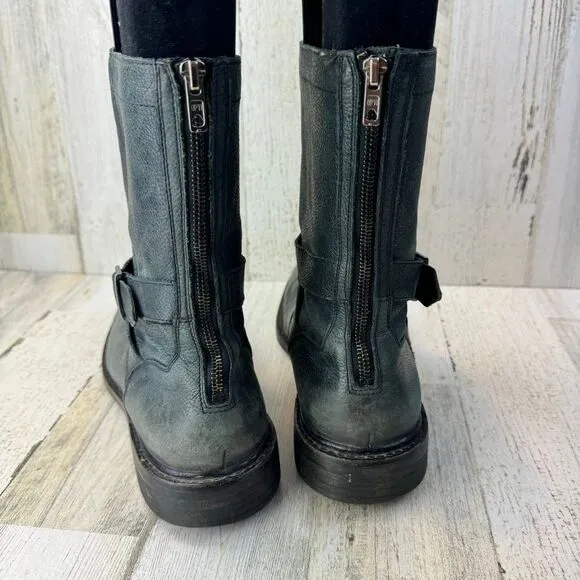 Cole Haan 11.5M gray  Leather 'Marshall' Mid Calf Biker Boots Zip Rubber Strap