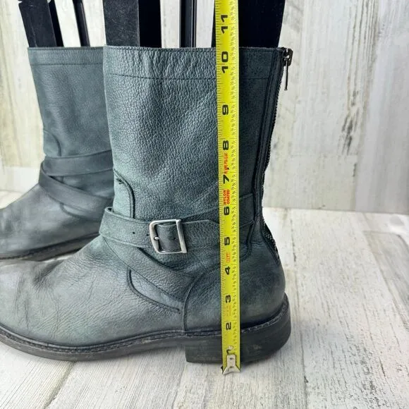 Cole Haan 11.5M gray  Leather 'Marshall' Mid Calf Biker Boots Zip Rubber Strap