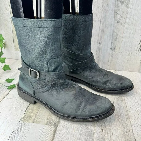 Cole Haan 11.5M gray  Leather 'Marshall' Mid Calf Biker Boots Zip Rubber Strap