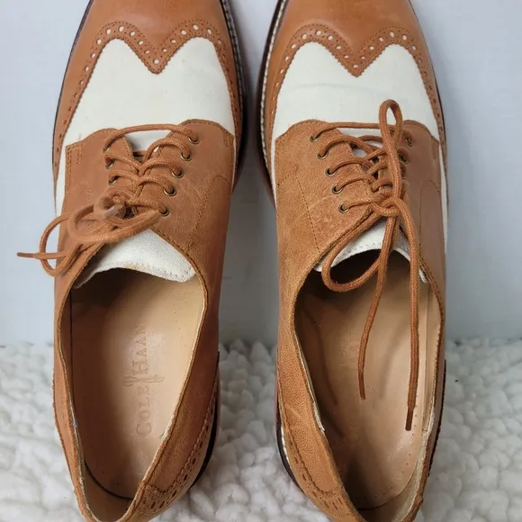 Cole Haan 2 Tone Men's Oxford Shoes Size 13 Brown Leather Ivory Canvas Wingtips