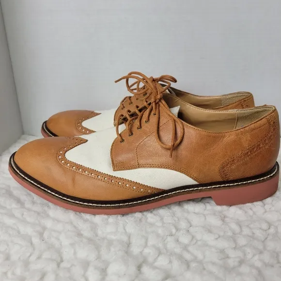 Cole Haan 2 Tone Men's Oxford Shoes Size 13 Brown Leather Ivory Canvas Wingtips