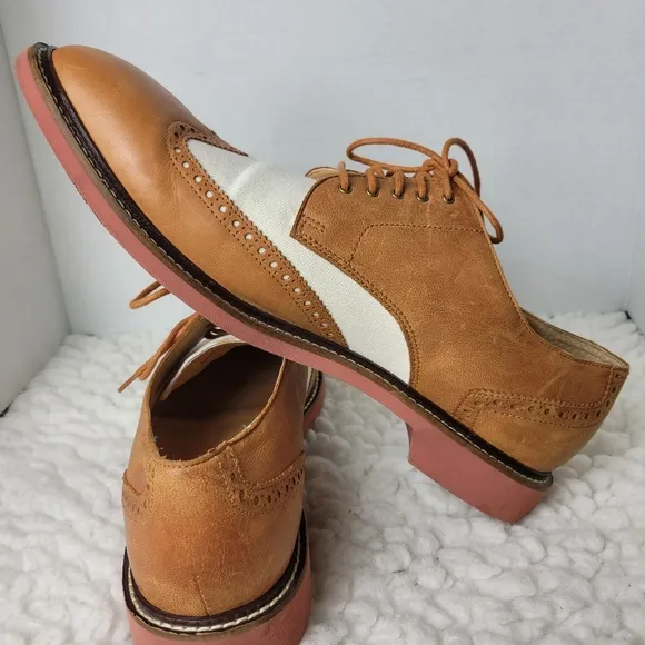 Cole Haan 2 Tone Men's Oxford Shoes Size 13 Brown Leather Ivory Canvas Wingtips
