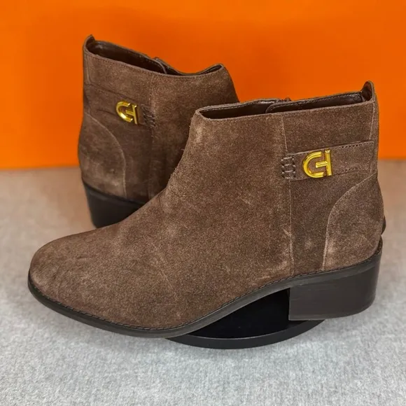 Cole Haan Holis Suede Logo Buckle Ankle Booties Brown Suede Size 9 B NEW