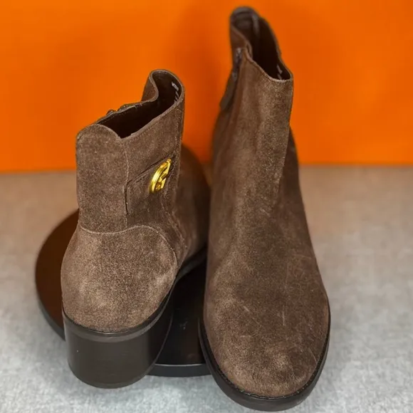 Cole Haan Holis Suede Logo Buckle Ankle Booties Brown Suede Size 9 B NEW