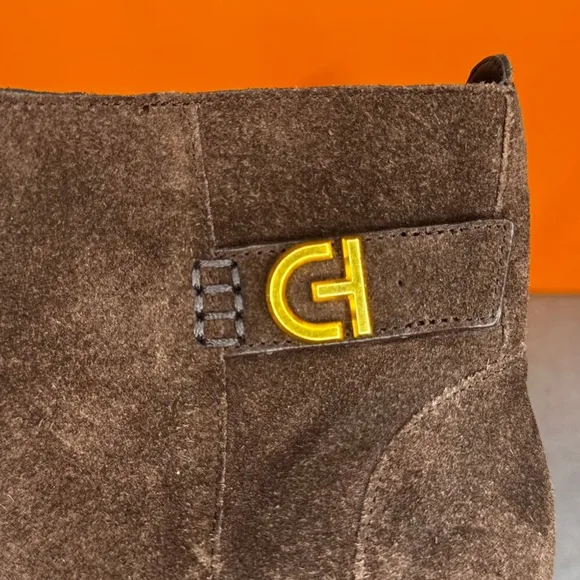 Cole Haan Holis Suede Logo Buckle Ankle Booties Brown Suede Size 9 B NEW