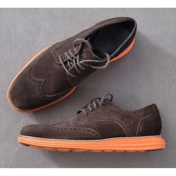 Cole Haan Men's Lunargrand Wing Tip Suede‎ Shoes Dark Brown/Orange Size 9 M