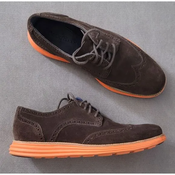 Cole Haan Men's Lunargrand Wing Tip Suede‎ Shoes Dark Brown/Orange Size 9 M