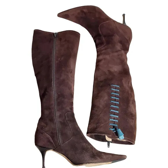 Cole Haan Tall Brown Suede Pointed Toe‎ Heeled Boots Blue Leather Tassel Accent
