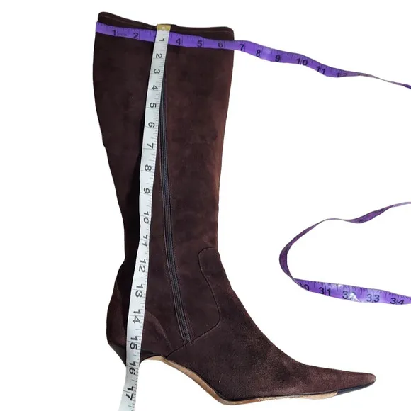 Cole Haan Tall Brown Suede Pointed Toe‎ Heeled Boots Blue Leather Tassel Accent
