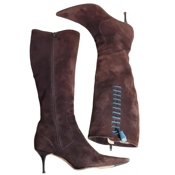 Cole Haan Tall Brown Suede Pointed Toe‎ Heeled Boots Blue Leather Tassel Accent