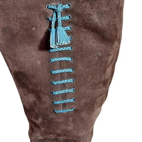 Cole Haan Tall Brown Suede Pointed Toe‎ Heeled Boots Blue Leather Tassel Accent