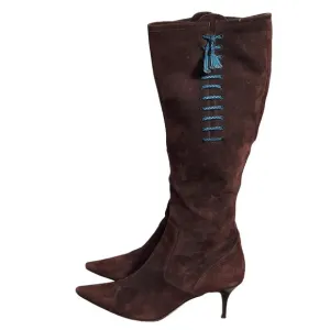 Cole Haan Tall Brown Suede Pointed Toe‎ Heeled Boots Blue Leather Tassel Accent