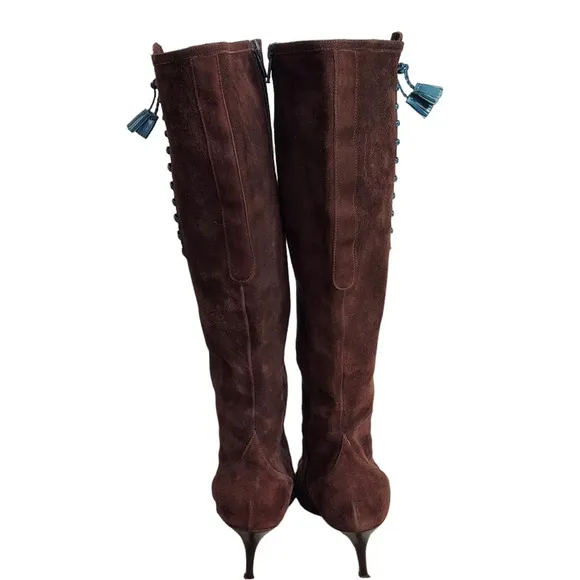 Cole Haan Tall Brown Suede Pointed Toe‎ Heeled Boots Blue Leather Tassel Accent