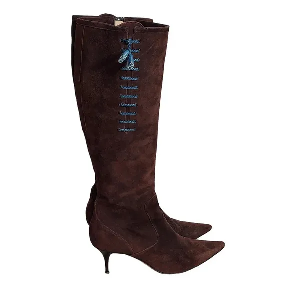 Cole Haan Tall Brown Suede Pointed Toe‎ Heeled Boots Blue Leather Tassel Accent