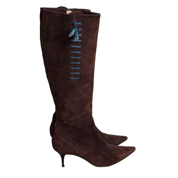 Cole Haan Tall Brown Suede Pointed Toe‎ Heeled Boots Blue Leather Tassel Accent