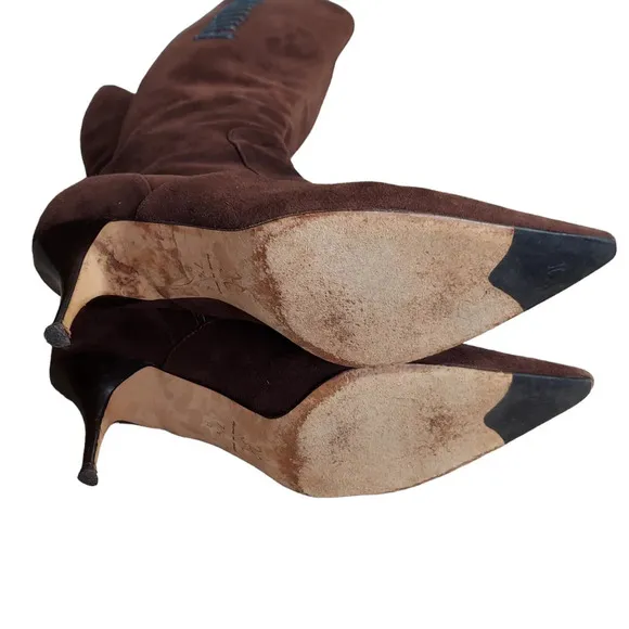 Cole Haan Tall Brown Suede Pointed Toe‎ Heeled Boots Blue Leather Tassel Accent