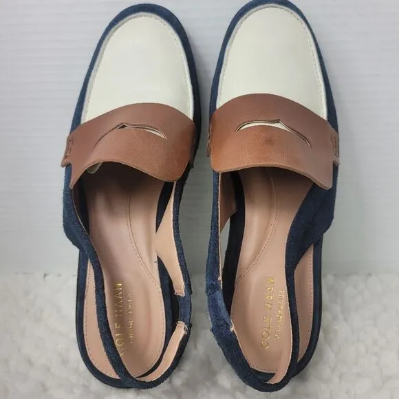 Cole Haan Geneva Lug Women's Size 9B Slingback Blue Suede White Brown Shoes