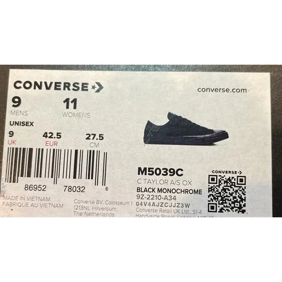 Converse All Black CHUCK TAYLOR All Star Low OX Canvas Shoes Mens 9 New In Box