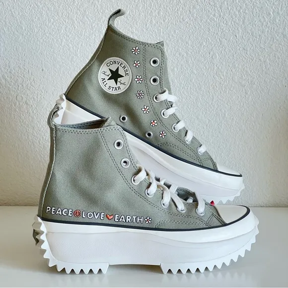 Converse Run Star Hike Platform Green 'Peace Love Earth' Floral Embroidery