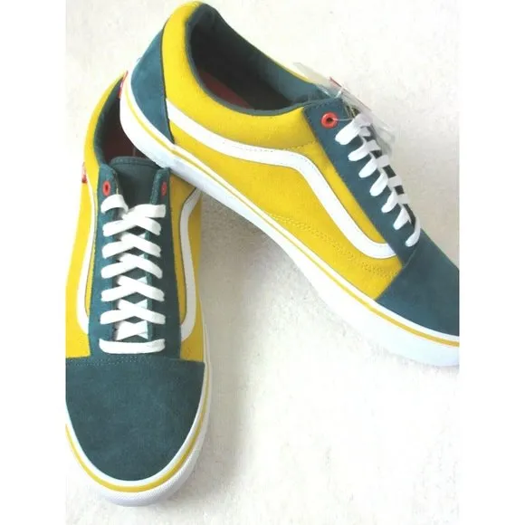 COPY - Vans Mens Old Skool Pro Prime Atlantic Gold Yellow Green Skate Shoes Siz…