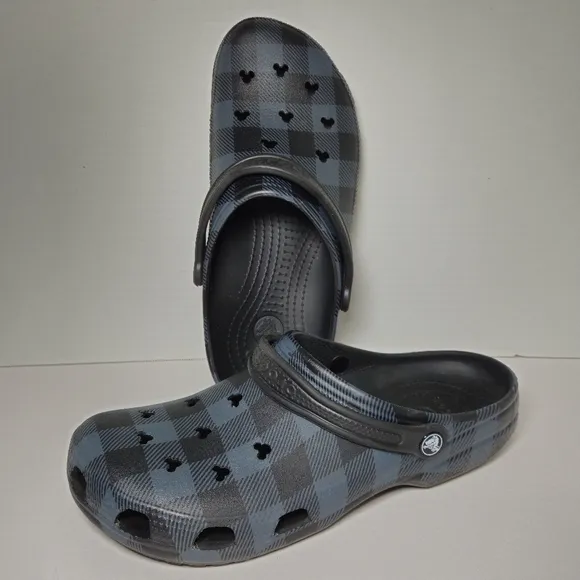Crocs X Disney Mens Sz 12 Buffalo Check Plaid Sandals Mickey Cutouts *Ltd Ed*