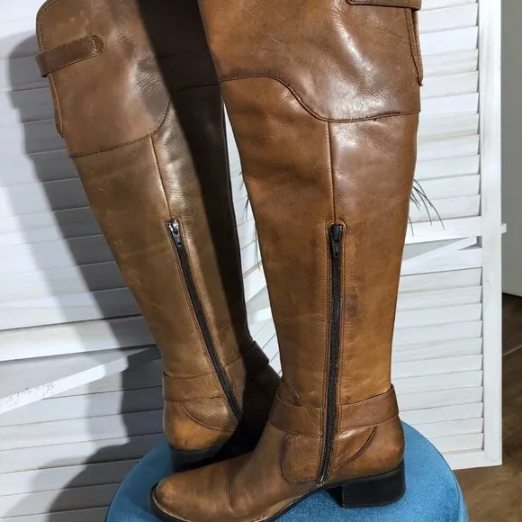 Crown over the knee boots caramel brown steampunk style distressed leather 6.5