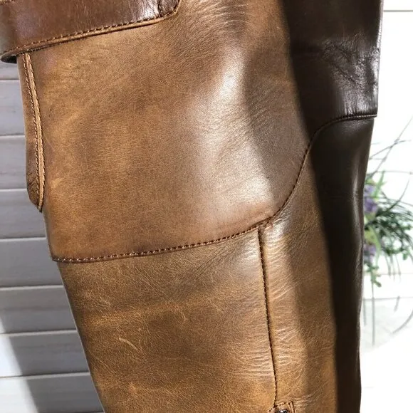 Crown over the knee boots caramel brown steampunk style distressed leather 6.5