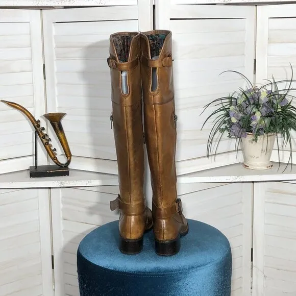 Crown over the knee boots caramel brown steampunk style distressed leather 6.5