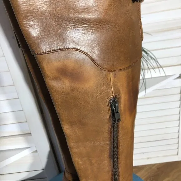 Crown over the knee boots caramel brown steampunk style distressed leather 6.5