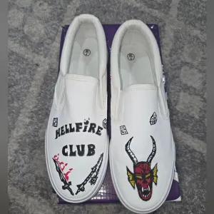 Custom Made STRANGER THINGS White Slip-On Shoes with Graphic Design