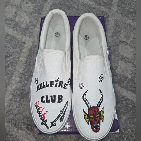 Custom Made STRANGER THINGS White Slip-On Shoes with Graphic Design