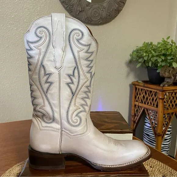 Dan Post Women’s Sugar White Square Toe Leather Cowgirl Boots 5864 Cream Blue