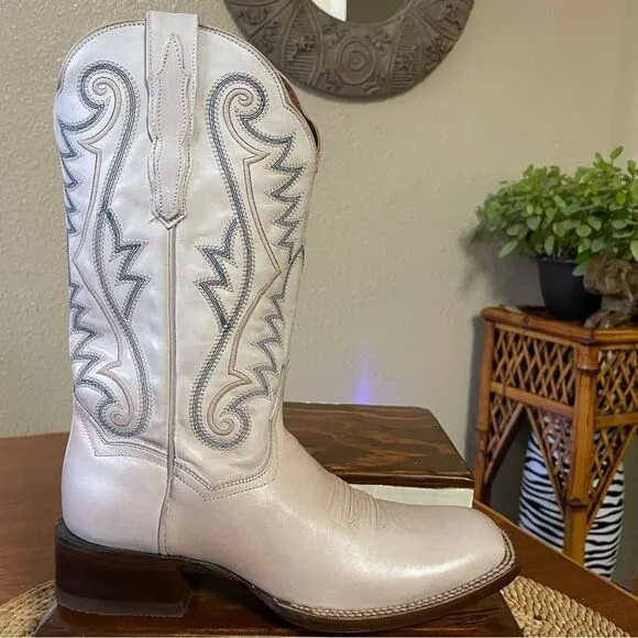 Dan Post Women’s Sugar White Square Toe Leather Cowgirl Boots 5864 Cream Blue