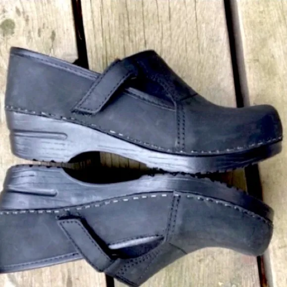 DANSKO Shoes Clogs PROFESSIONAL Non-Slip Black Leather Velcro Elastic Size 37
