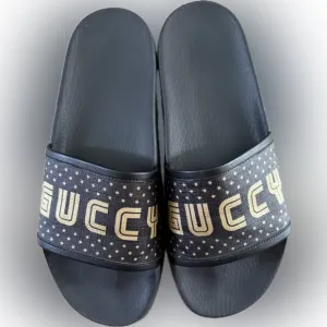 Designer inspired sandals, worn ones, black with‎ gold lettering size 9