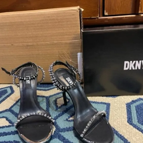 DKNY Dacia Silver Studded Dress Stiletto Sandals Size 6.5