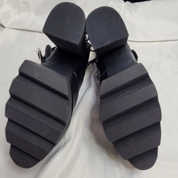 DOLLS KILL Current Mood black vegan strappy barcode rare 6&quot; platform heels 10