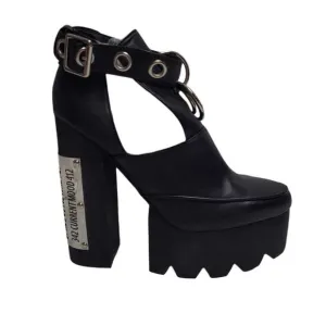 DOLLS KILL Current Mood black vegan strappy barcode rare 6&quot; platform heels 10