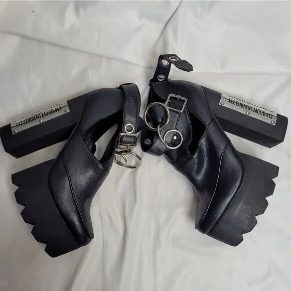 DOLLS KILL Current Mood black vegan strappy barcode rare 6&quot; platform heels 10