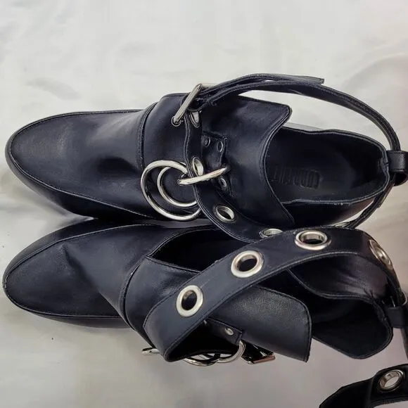DOLLS KILL Current Mood black vegan strappy barcode rare 6&quot; platform heels 10