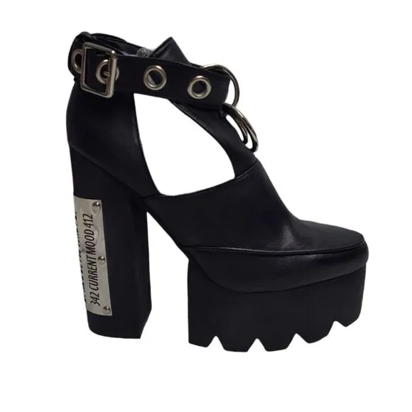 DOLLS KILL Current Mood black vegan strappy barcode rare 6&quot; platform heels 10