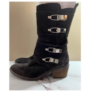 DONALD J. PLINER  Dorria  Boots Size 6 Dark  Brown Suede 4 Silver Buckles.